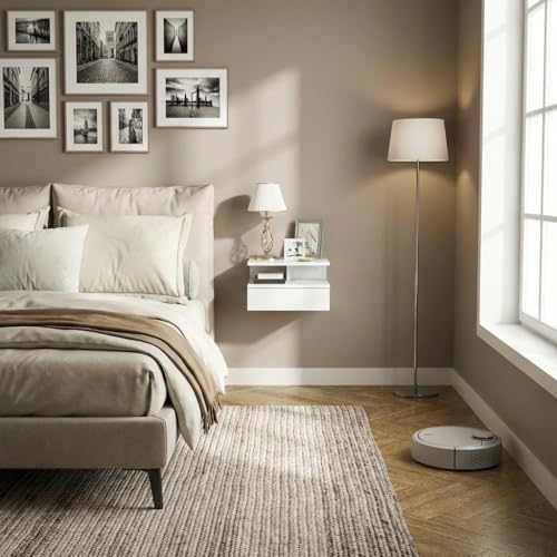 DecHome - Comodino Camera da Letto Stile Contemporaneo Luxury Sospeso 1 Cassetto e 1 Vano Giorno in Legno Dimensioni 35x32x22,5 Colore Bianco Lucido