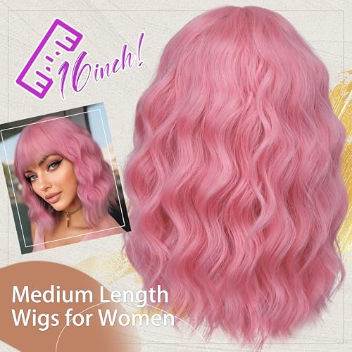 Image of Nnzes Short Wavy Bob Wig with Bangs for Women Shoulder Length Curly Pink Synthetic Heat-Resistant Fiber Hair for Daily & Party Use