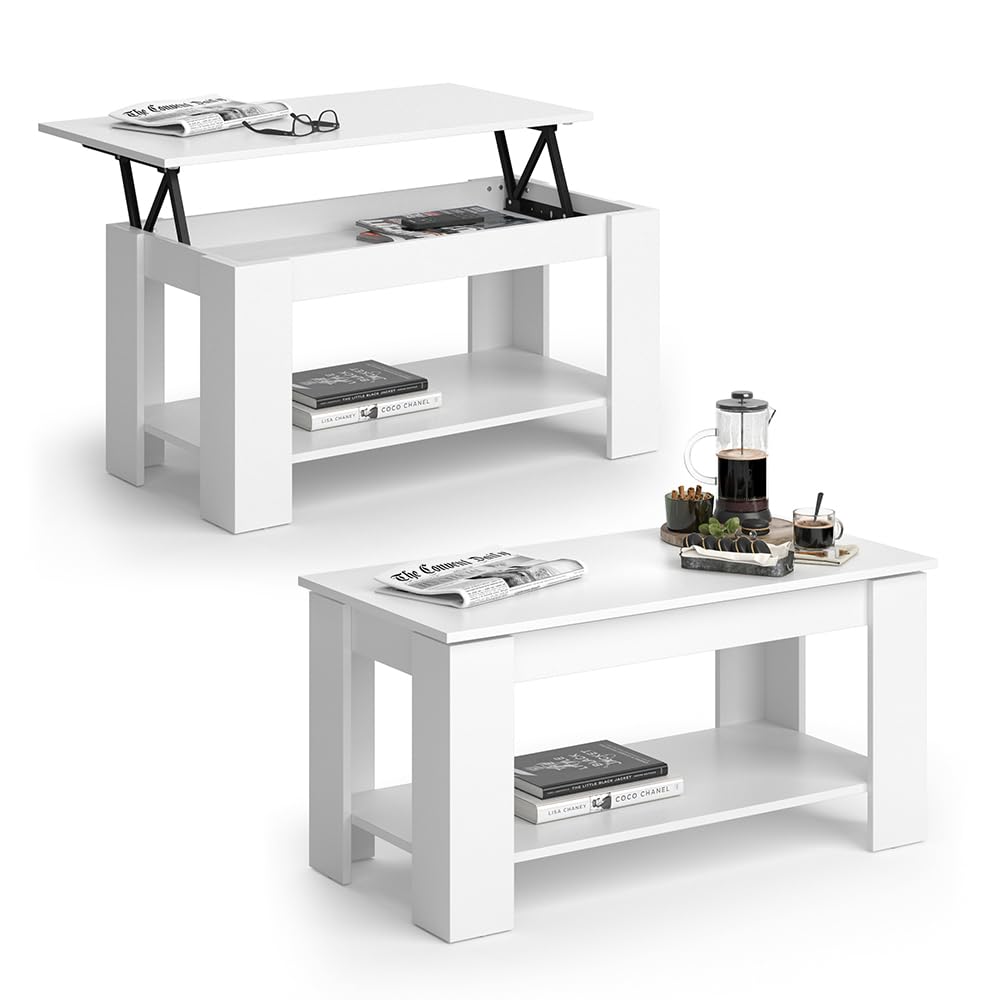 Vicco Couchtisch Lorenz, Weiß, 100 x 50 cm | mit Liftfunktion, mit Hebemechanismus und höhenverstellbarer Tischplatte