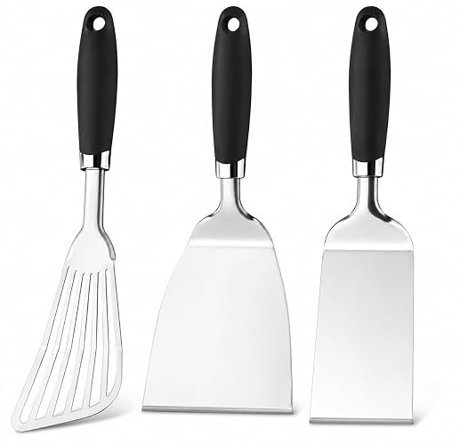 JXWING 3-Piece Metal Spatula Set, 11-Inch 304 Stainless Steel for Griddles | Wide Turners with Beveled Edges for Cast Iron and Flat Top Griddles; Flips Burgers, Pancakes, Eggs, Fish - Black-Metal Spatula 3 Pack