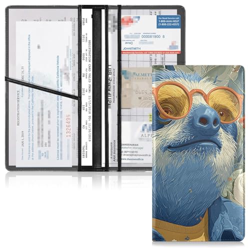Car Registration and Insurance Holders Sloth Dazzling Print, PU Leather for License Documents Cards
