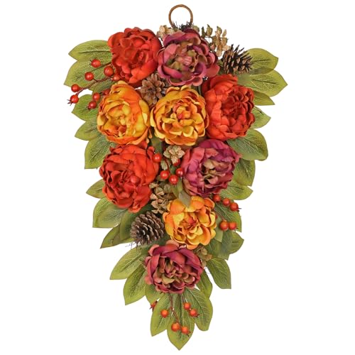 Oairse 23.6 Fall Teardrop Swag with Peonies Artificial Hanging Floral Arrangement with Berries & Leaves Realistic Autumn Teardrop Wreath for Harvest Thanksgiving Front Door Wall Fireplace