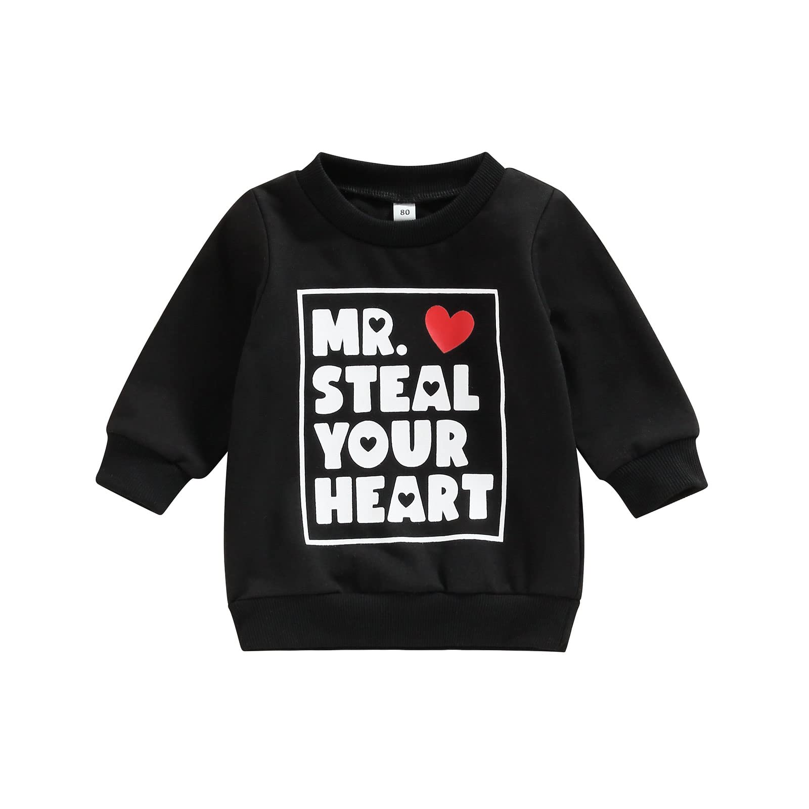 FYBITBO Toddler Baby Girl Boy Crewneck Sweatshirt Valentines Day Outfit Long Sleeve Pullover Shirt Top Spring Clothes (12-18 Months,Black Mr steal your heart)