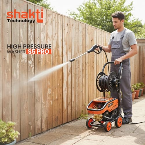 Image of Shakti Technology - S5 PRO High Pressure Washer 2000W (Max 160 Bar) | Adjustable Pressure Knob, Self-Intake & Auto-Stop System | Heavy Duty Car /Bike /Solar Cleaning Machine with 12M Hose Reel