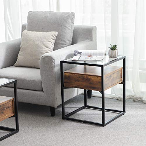 Vasagle Tempered Glass Side Table, Nightstand, With Drawer And Shelf, Decoration In Living Room, Stable Steel Frame, Industrial, Rustic Brown, 16.9”L X 16.9”W X 21.3”H (43 X 43 X 54 Cm) #TOP1