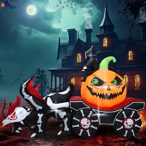 DearSun Aufblasbare Halloween-Kutsche Sensenmann sitzt auf Kürbis und treibt Skelett-Drachen-Kutsche mit eingebauten LED-Lichtern aufblasbare Halloween-Outdoor-Dekorationen