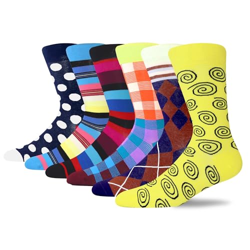 MAKABO Divertidos calcetines coloridos para hombre de algodón con motivo, 6 Pares Azul/Negro/Multicolor/Multicolor/Marrón/Amarillo Geométrico Motivo, 43-46