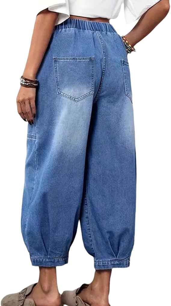 Damen Baggy Straight-Leg-Jeans Trendige Distressed Elastische Taille Lockerer Sitz Jeans Cropped-Hose