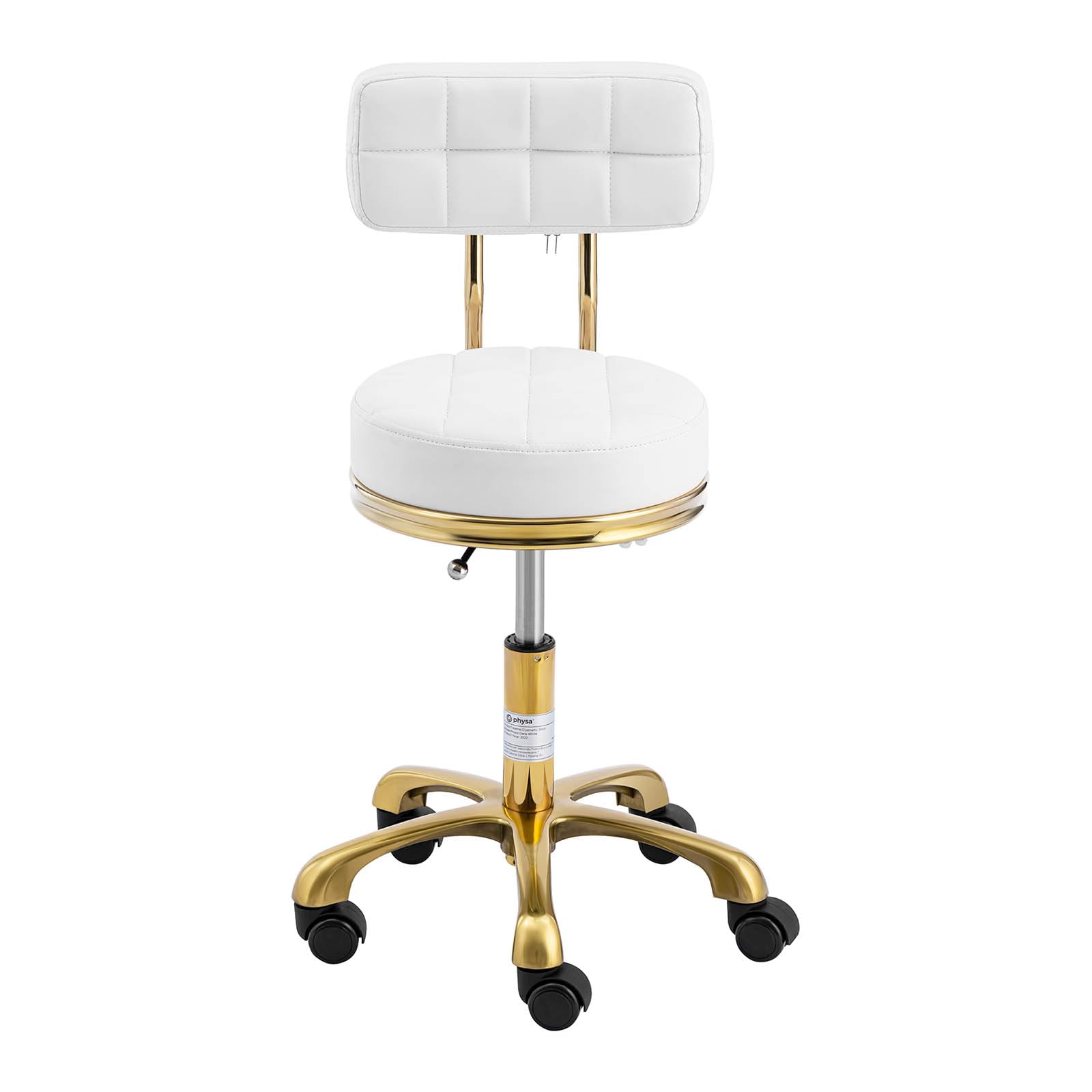 Physa GELA Tabouret à roulettes avec Dossier 150 kg Blanc/doré Hauteur réglable 47-61 cm