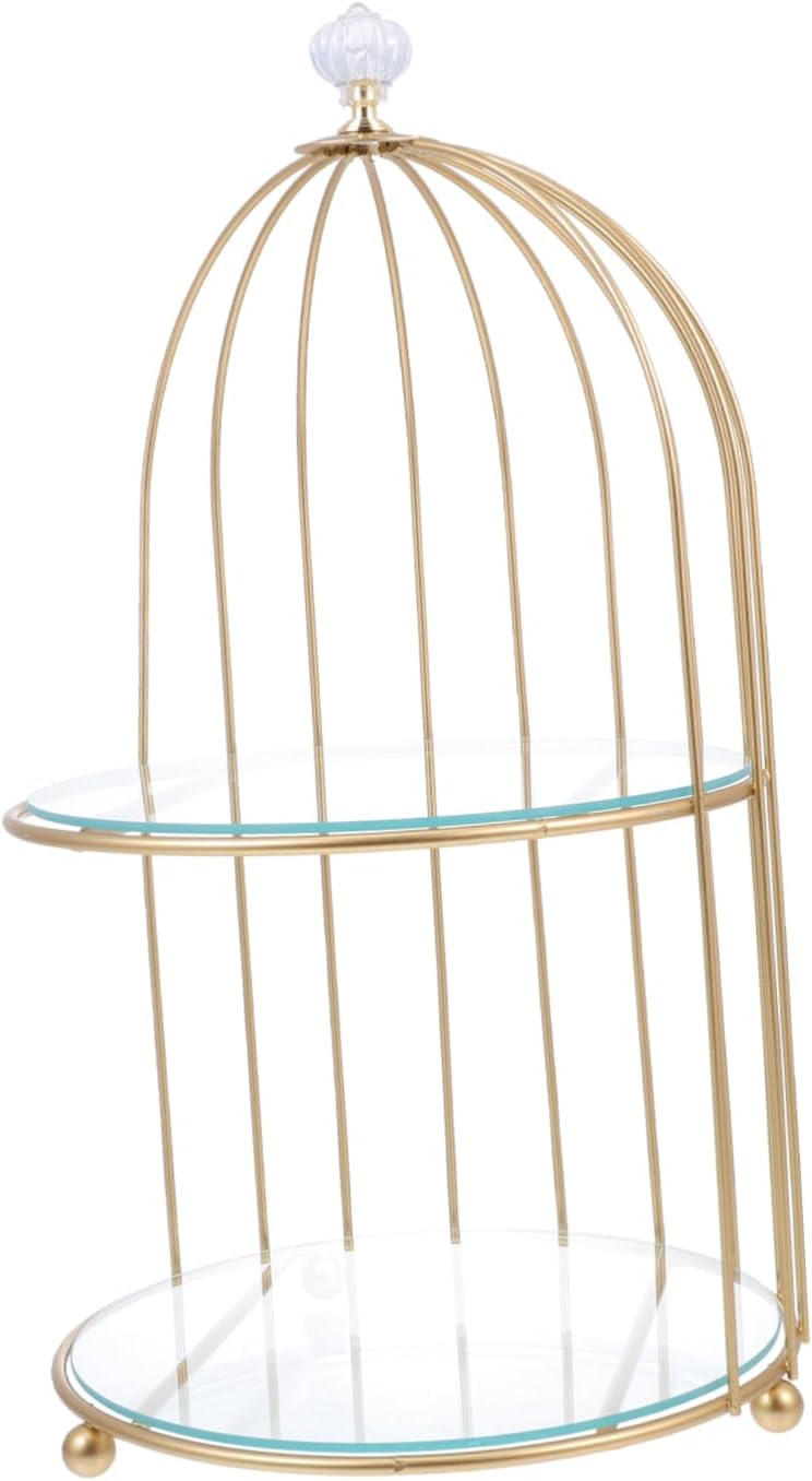 BESTonZON Cake Dessert Stand 2 Tier Iron Cupcake Stand Metal Birdcage Display Rack Tiered Cupcake Stand Dessert Serving Tray for Party Pastry Platter Plates Birthday Cake Glass Rectangle