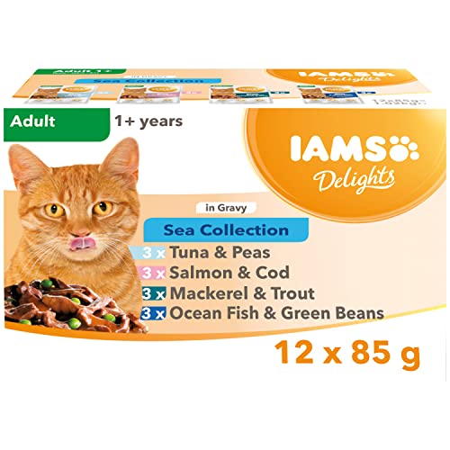IAMS Delights Complete Wet Cat Food for Adult 1+ Cats Fish Variety in Gravy Multipack 12 x 85 g Pouches