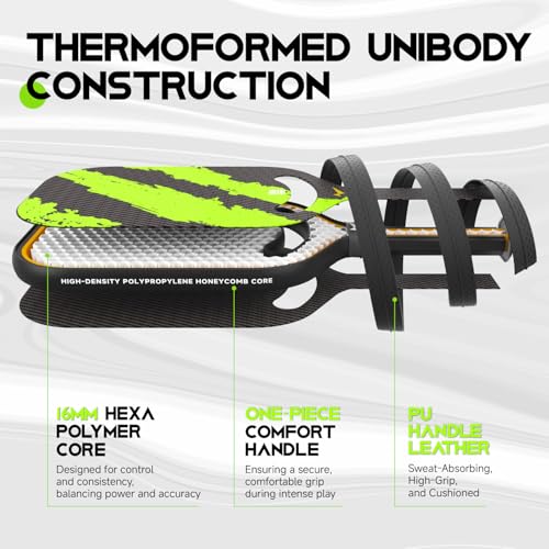 Warping Point Ascent Pickleball Paddles | Carbon Fiber Pickleball Racket with Aero Throat | Textured Grit Surface | 16mm Hexa Polymer Core | USAPA Approved | Designed for Control & Spin | Green image 4