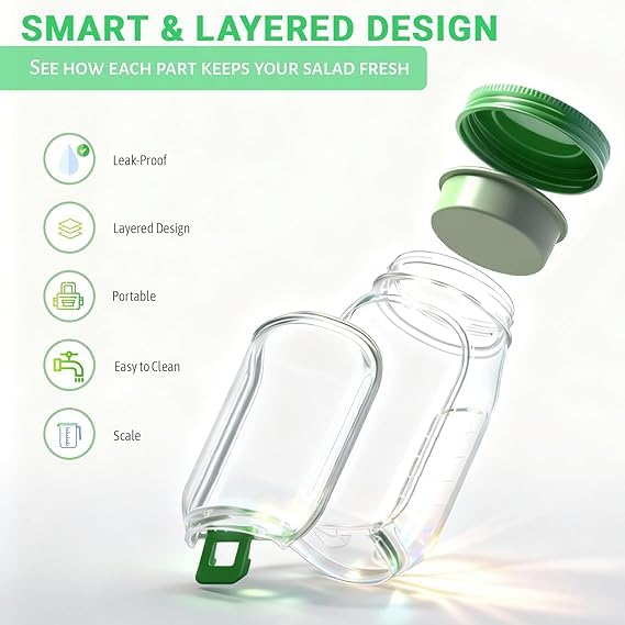 Image of Salad Pod Mason Jar with Side Opening Lid | Leakproof Vertical Layering Lunch Container with Built-in Dressing Compartment | Reusable Portable Salad Box for Office, Travel & Meal Prep (Pack of 1)