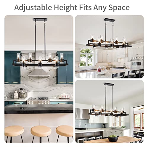 Image of WUZUPS Island Rectangle Chandelier 10-Light with Clear Glass Industrial Modern Farmhouse Linear Light Fixture for Dining Room Kithen Island, Width 42.5 inch Height 10.4 inch, Black