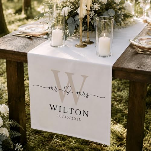 Image of Custom Table Runner Personalized Table Runner Wedding Welcome Sign Wedding Table Runner just Married Sign mr and mrs Sign Personalized Wedding Banner Linen Sweetheart Table Decor Custom Welcome Sign