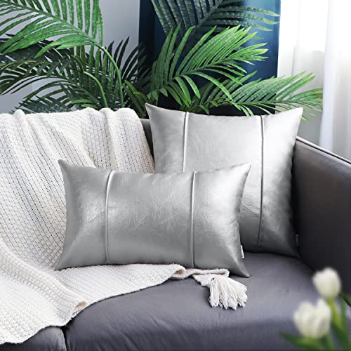 Image of BRAWARM Silver Leather Throw Pillow Covers 16 X 16 Inches - Faux Leather Pillow Cover with Piping, Hand Stitched Leather Throw Pillow for Couch Sofa Bed Living Room Home Decorative