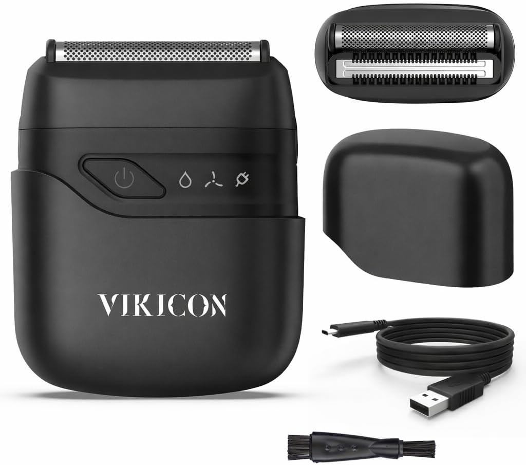VIKICON® Electric Foil Shaver for Men, Portable Mini Travel Razor for Face & Beard, Dual Floating Blades for Close Shave, USB-C Fast Charging Waterproof On-the-Go Stubble Trimmer, Matte Black