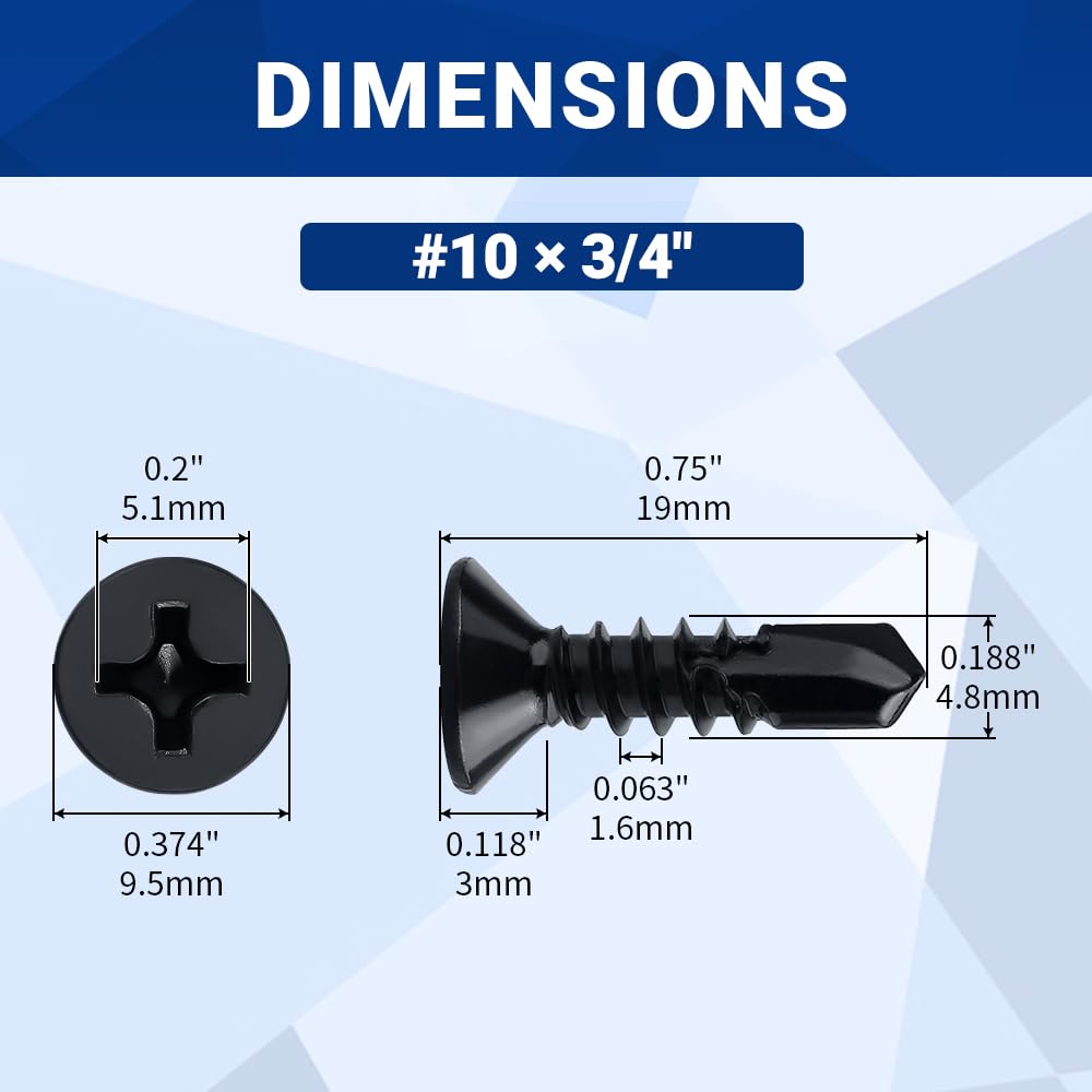 #10 x 3/4" Flat Head Self Drilling Screws (50 pcs), 410 Stainless Steel, Phillips Drive #2, Black Oxide Coated Flat Head Self Tapping Screws, Fayeploo (with Phillips Driver Bit)