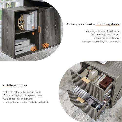 Image of 67 inchModern Desk with Cabinet & 2 Drawers, Fluted Office Desk Built‑in Outlet | L Shaped Desk ,storage cabinet with sliding doors, Wood Home Office Desk, Fluted Computer Writing Desk, Grayish Green