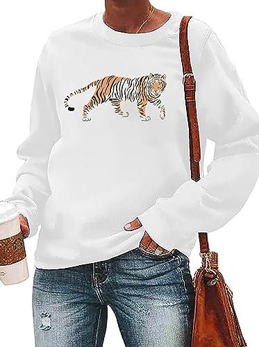 RMTXCD Sudadera de tigre para mujer, estilo vintage, con estampado de leopardo y tigre, para amantes de los animales, camiseta de manga larga para otoño, casual, cuello redondo, Blanco, XL