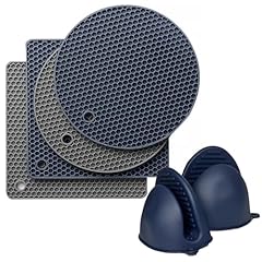 2 Square + 2 Round Mats + 1 Pair Oven Mitts, Grey & Navy Blue