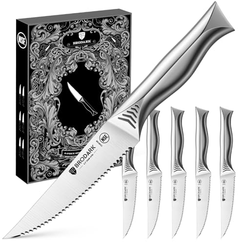 Image of BRODARK Steak Knives Set of 6: 4.5 Inch Serrated Steak Knives - High Carbon Stainless Steel Kitchen Steak Knife Set - Never Need Sharpening - NSF Certified, Shark Series