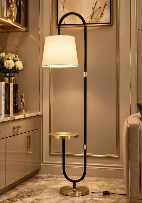 Image of Deco Crush Modern Floor Lamp with Built-in Side Table, Tall Standing Reading Lamp with Fabric Shade, Metal Floor Light for Living Room, Bedroom, Office, Study and Home Decor