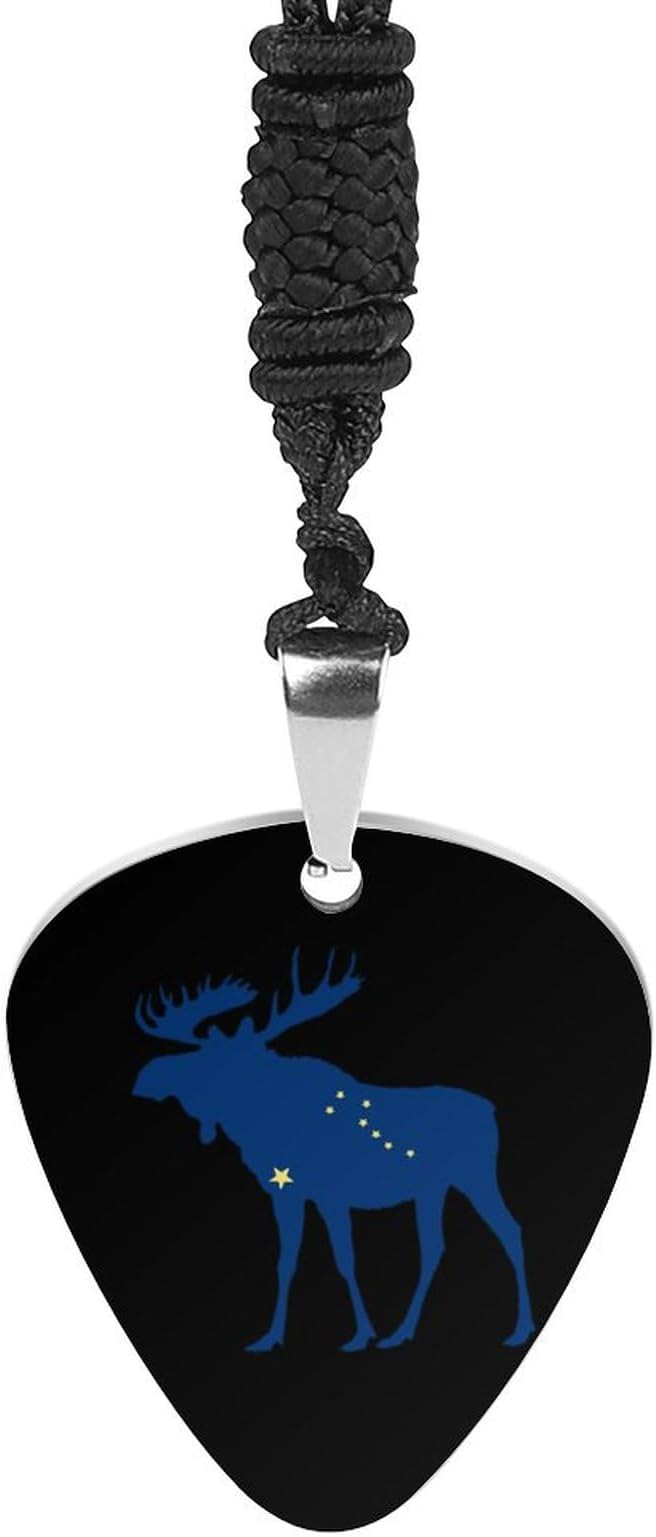 Alaska Flag Moose Guitar Pick Necklace Personalized Pendant Necklace Jewelry Gift for Men Women
