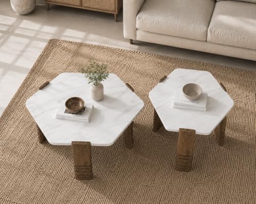 Image of The Attic Marvo Coffee Table Set of 2 for Living Room, Hexa Shape, Wooden Carved Legs, White Marble and Natural Wood