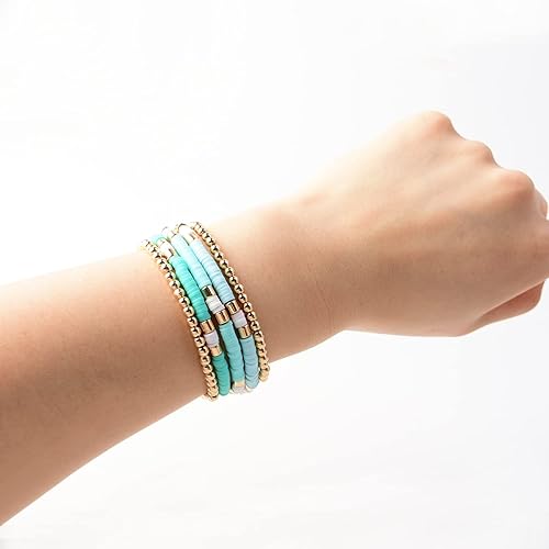 Miniatura 3 de Pulseras de cuentas de arcilla estilo heishi surfista para mujer, con discos de vinilo y dije de mal de ojo, apilables, pulseras elásticas de