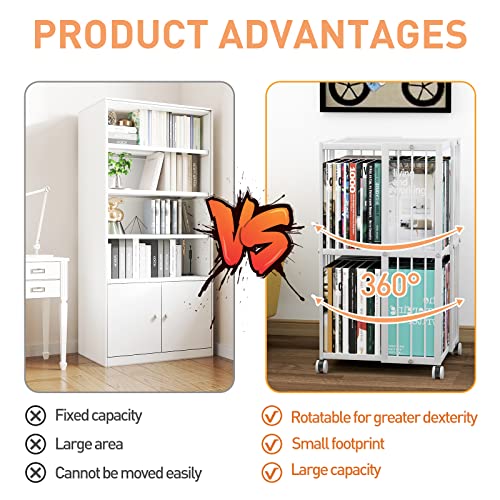 Huhote Rotating Bookcase White 2 Tiers Metal Bookshelf, 360°Cubic Bookshelf For Small Space With Storage And Creative Multi-Layer Shelves,Magazine&Books For Bedroom Living Room Study And Office #TOP4