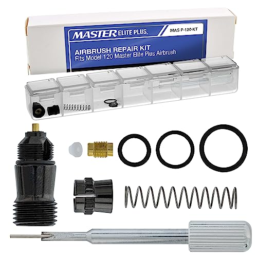 Master Elite Plus Airbrush Rebuild Kit - Repair & Maintenance Kit for Model 120 Airbrush - Essential Replacement Parts: Tool, Inlet Valve, O-Rings, Springs, Needle Guide, Cap