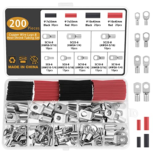 Gueenky 200 Pieces Copper Lugs Terminals Connectors 6/10/16/25mm² 8 Sizes M6 M8 Connector Cable Lugs Wire Battery Terminal Lugs Crimp Battery Cable Ends Ring Battery SC Terminals with Heat Shrink Tube