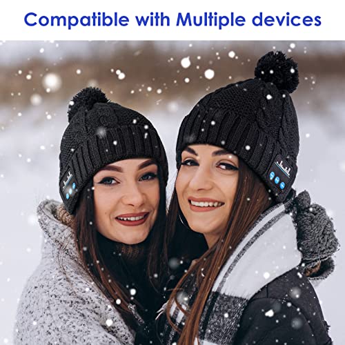 Bluetooth Beanie V5.0 Bluetooth Hat, Wireless Earphone Beanie Headphones, Pompon Beanie with HD Stereo Speakers Built-in Microphone, Christmas Electronic Gifts for Women Girls Outdoor Sports Running