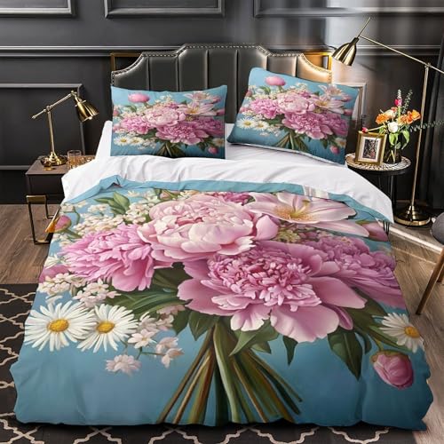 Housse de couette rose 3D Super King 260x220cm avec 2 taies d'oreiller fleuries
