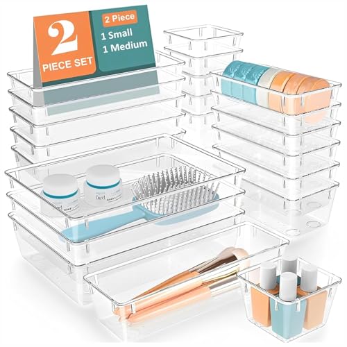 Image of Rylan Set of 2 Drawer Organiser /Unbreakable Drawer Organizer /Dressing Table Organizer /Multi-Purpose Storage Boxes /Drawer Divider Tray for Kitchen /Bedroom /Office - (Clear Transparent)'