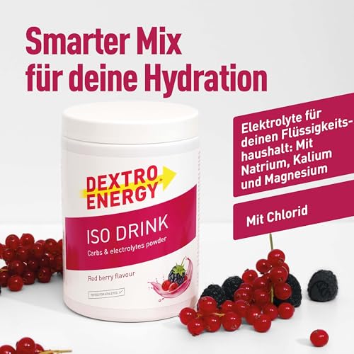 Dextro Energy Iso Drink Elektrolyte Sport Getränkepulver, Red Berry, Mit Natrium, Magnesium, Kalium, Chlorid, für schnelle Energie, 440g