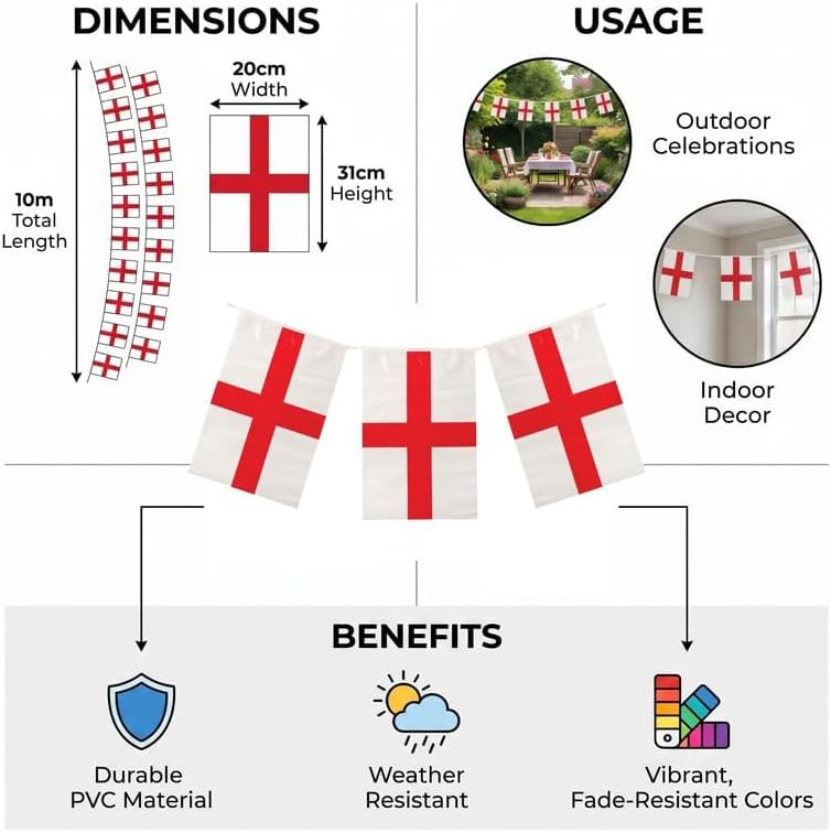 Henbrandt St. George’s Cross Party Bunting 10m with 20 Flags England St George Bunting Red and White Cross Euros Football Championship World Cup Six Nations Garland Pub BBQ Decoration - View 5