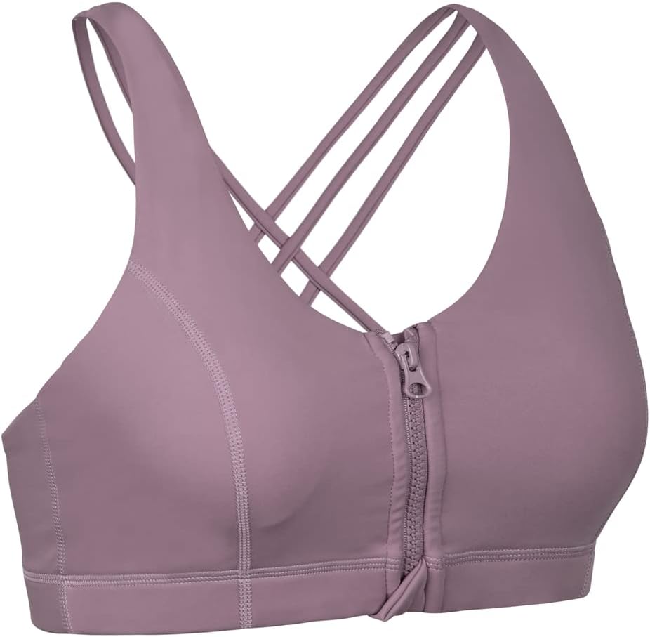 Hopgo Women's Zip Front Sports Bra Medium Impact Strappy Crisscross Back Workout Running Yoga Bra
