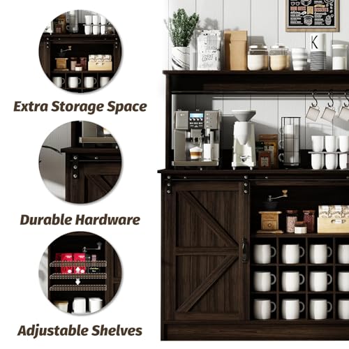 4ever2buy 55” Gray Coffee Bar Cabinet with Sliding Barn Doors, 12 Wine Racks, and 8 Hooks for Living Dining Room