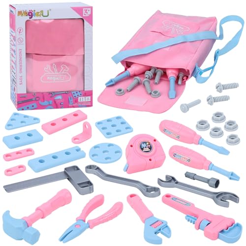 Magic4U Kids Tool Set with Tool Bag & Tape Measure, Toddler Tool Set Pretend Play Construction Toys,Ideal Birthday for Kids Age 3-6 Years Old (Pink)