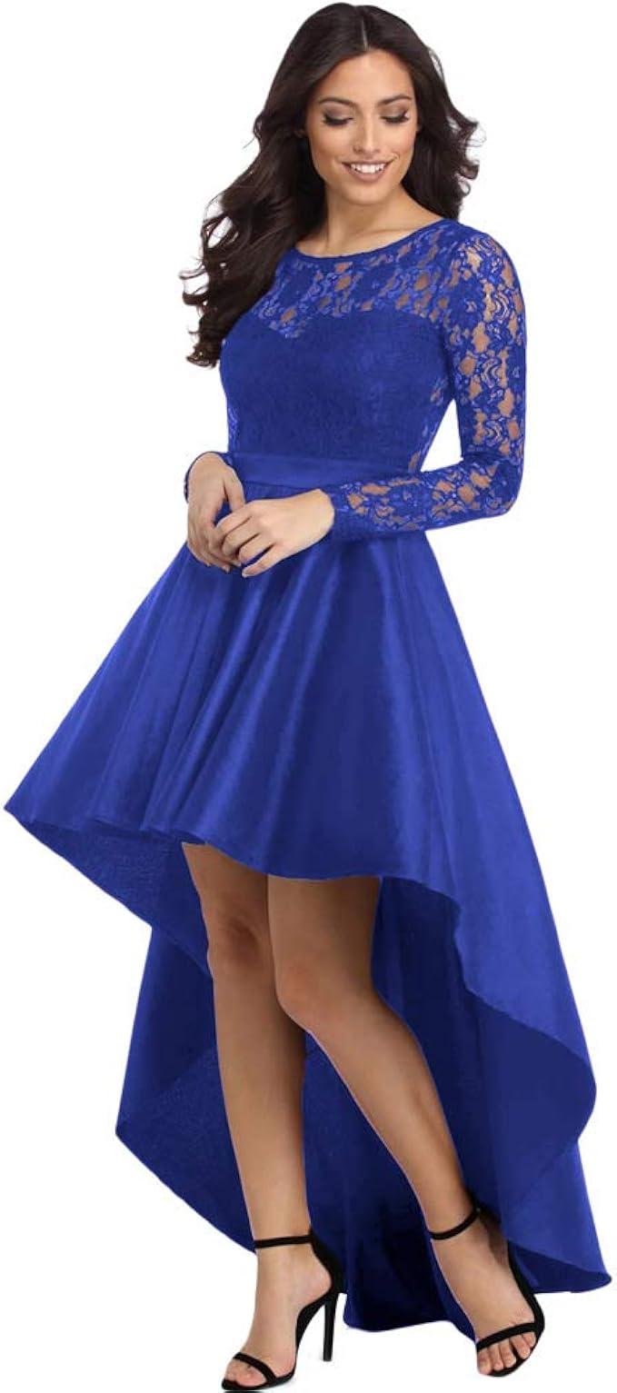 SAMGU Women's Vintage Long Sleeve Lace High Low Satin Prom Cocktail Party  Evening Dress Round Neck Lace Hollow Out Dress : Amazon.de: Fashion