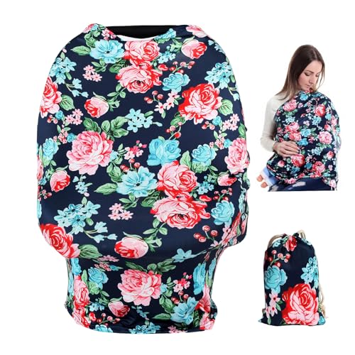 Image of TUOKING Car Seat Covers for Babies, Multi-Use Cover-Silky Mom Nursing Cover Infant Breastfeeding Scarf Shopping Cart High Chair Ultra-Soft Stretchy for Boys and Girls Flowers-Navy Blue