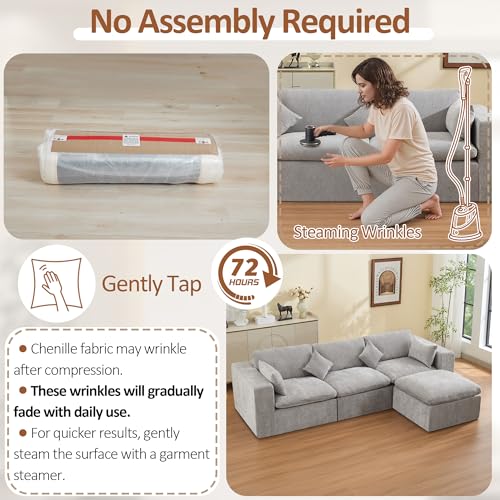 Image of 115''Cloud Boneless Sectional Couch, Modular Sectional Sofa Deep Seat with Ottoman, Oversized Upholstered Convertible Comfy 4 Seater Chenille Sofa L Shape Couches for Living Room, Light Grey