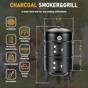 3 in 1 Vertical Charcoal Smoker BBQ Grill 16 Inch Outdoor Portable Smoker Grills with Built in Thermometer Air Vent 2 Access Doors and 3 Hooks Idea for Patio Backyard Barbecue Cooking Camping