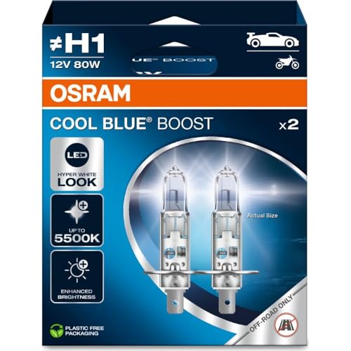 Osram Cool Blue Boost, H1, Halogen Headlight Lamps, Up To 5500K, Hanging Folding Box (2 Lamps), Offroad Use Only