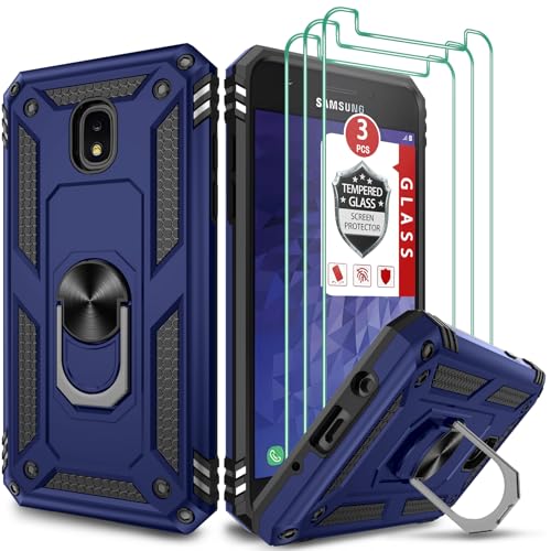 for Galaxy J3 2018 / Galaxy J3 Star/Galaxy Amp Prime 3/Galaxy J3 V 2018/Galaxy J3 Aura Case, with [3X Tempered Glass Screen Protector], Built-in Ring Kickstand Shockproof Dual Layer Case (Blue)