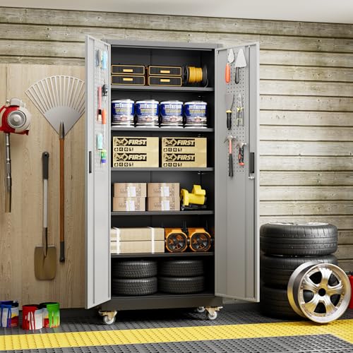 Image of Aobabo Upgrade 71H''*32''W*16''D Metal Garage Storage Cabinet with Wheels and Pegboards, 5 Adjustable Shelves Steel Storage Cabinets for Home,Warehouse,Garage,Assembly Required,Black Gray