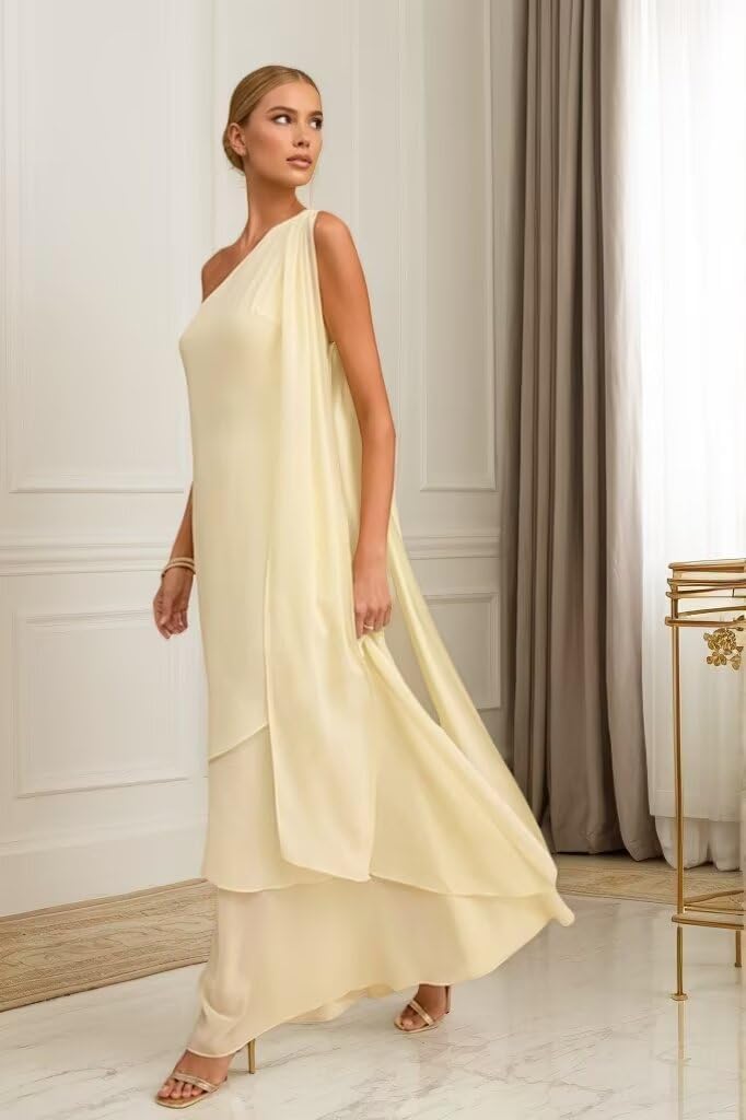 Chiffon Long Bridesmaid Dresses One Shoulder Tiered A-Line Evening Gowns with Ribbon Layered Maid of Honor Dress