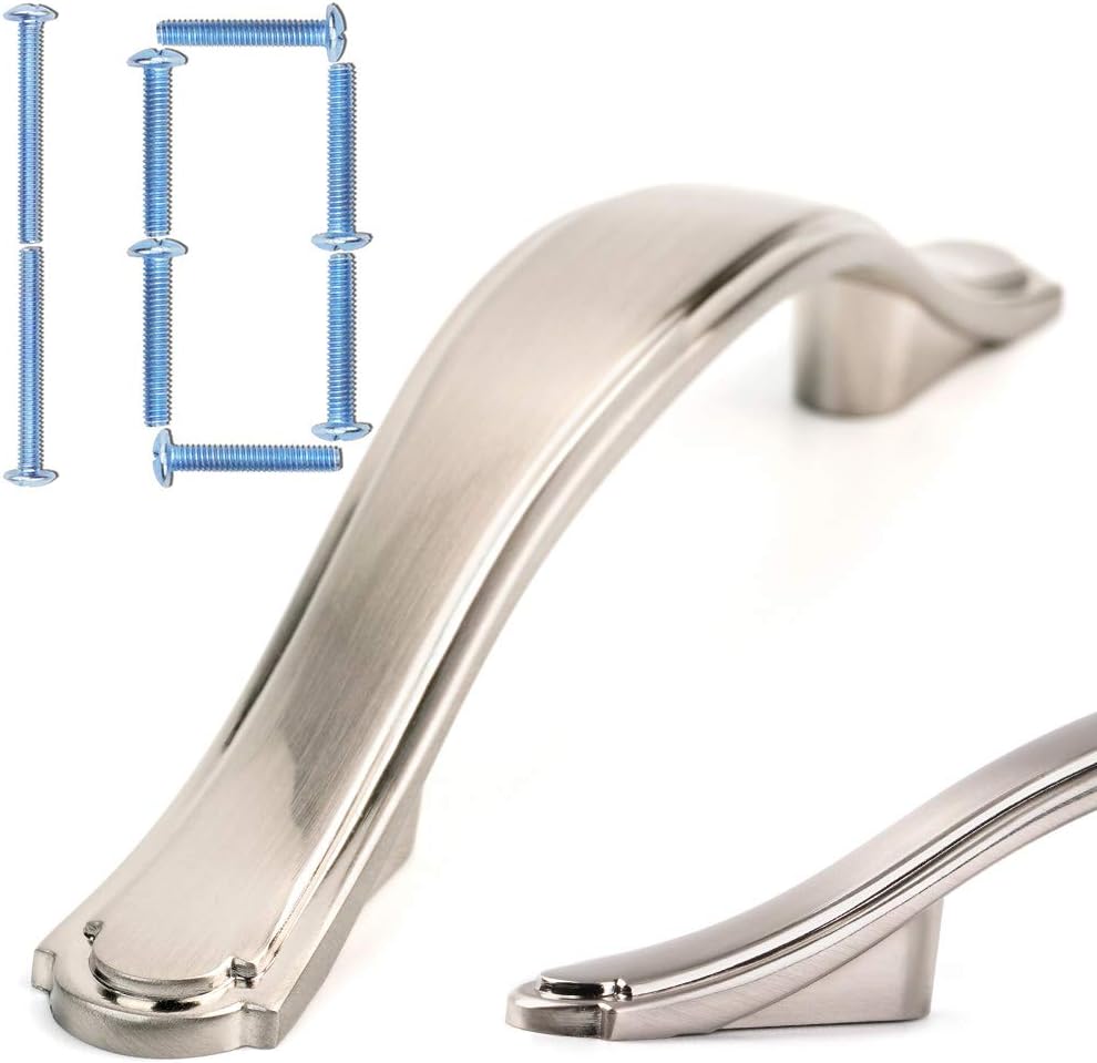 KOOFIZO Craftsman Cabinet Bow Pull - Shiny Brushed Nickel Furniture Handle, 3 Inch/76mm Screw Spacing, 10-Pack for Kitchen Cupboard Door, Bedroom Dresser Drawer, Bathroom Wardrobe Hardware